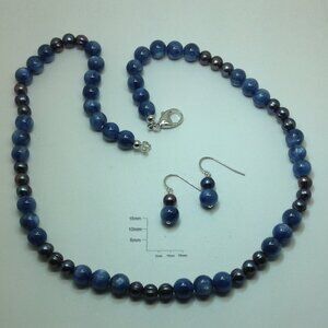 Black Freshwater Pearls and Kyanite Blue Beads Necklace and Earrings.